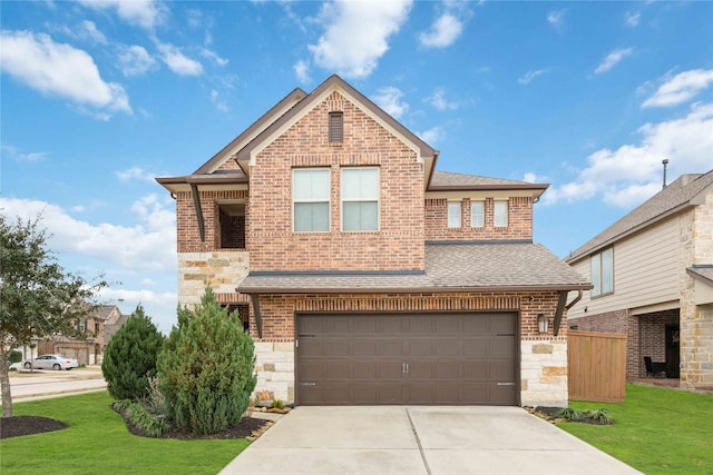 front facade featuring a garage and a front lawn