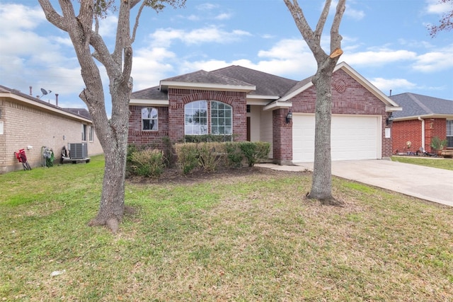 ranch-style home featuring a garage, central air condition unit, and a front lawn