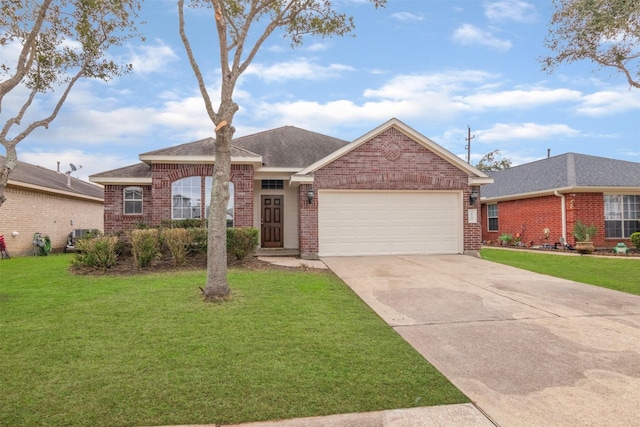 ranch-style house with a garage and a front yard