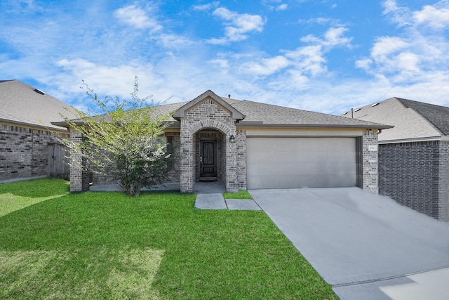 french provincial home featuring a garage and a front lawn