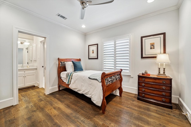 bedroom featuring connected bathroom, sink, ornamental molding, dark hardwood / wood-style flooring, and ceiling fan