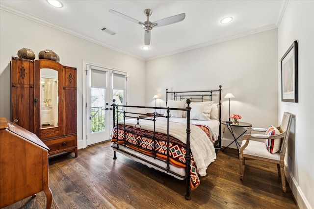 bedroom featuring dark hardwood / wood-style flooring, ornamental molding, access to exterior, ceiling fan, and french doors