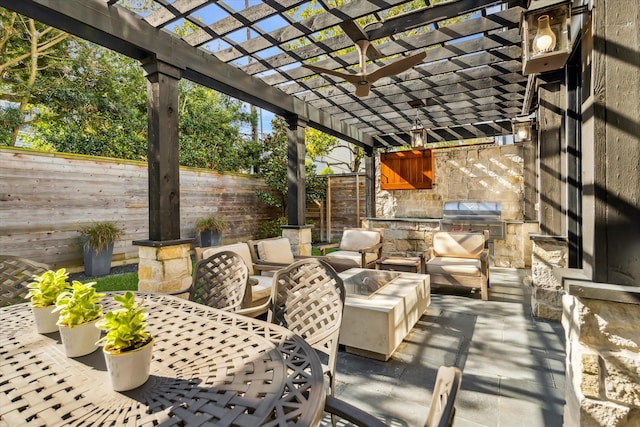 view of patio featuring a grill, an outdoor hangout area, and a pergola