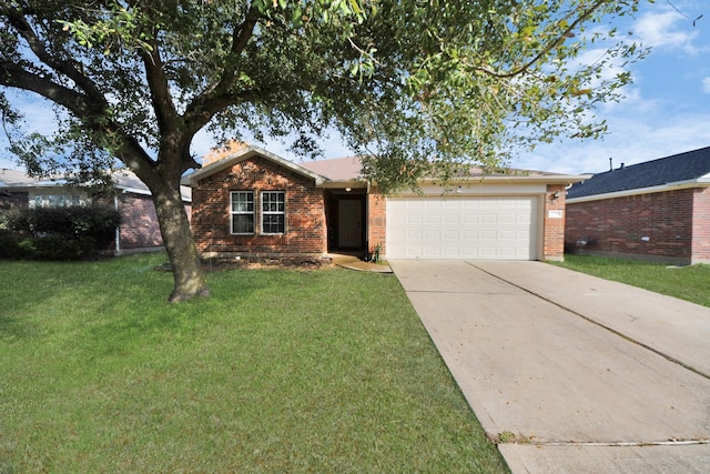 ranch-style home with a garage and a front lawn