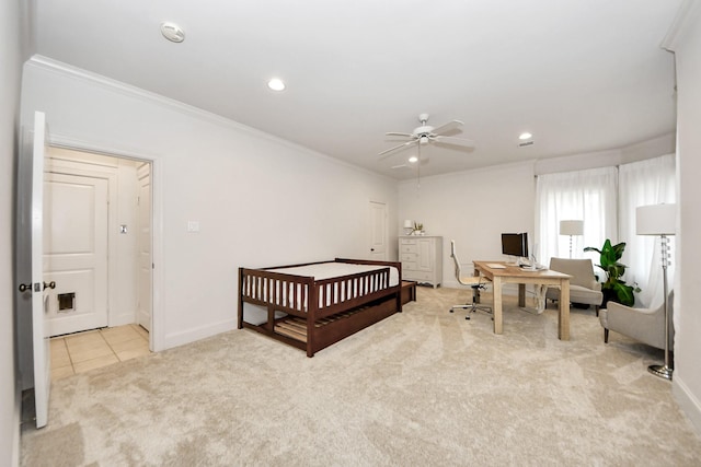 bedroom featuring light carpet and ornamental molding