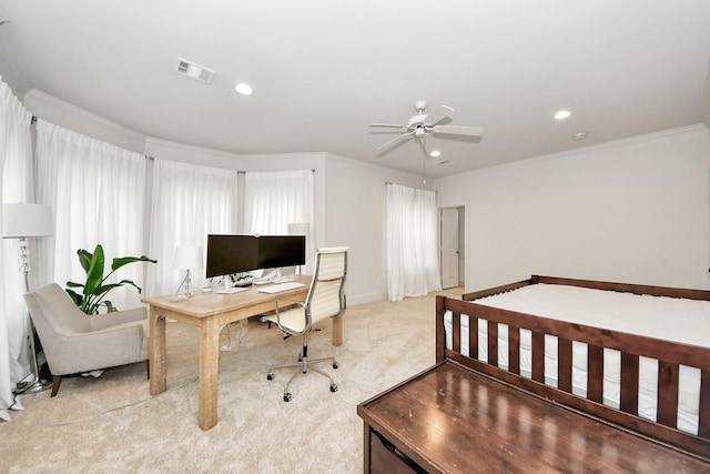 bedroom featuring ornamental molding and light carpet