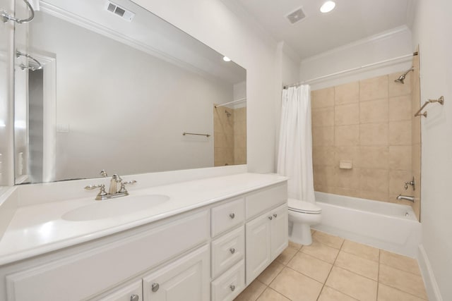 full bathroom featuring ornamental molding, vanity, toilet, shower / bath combo, and tile patterned floors