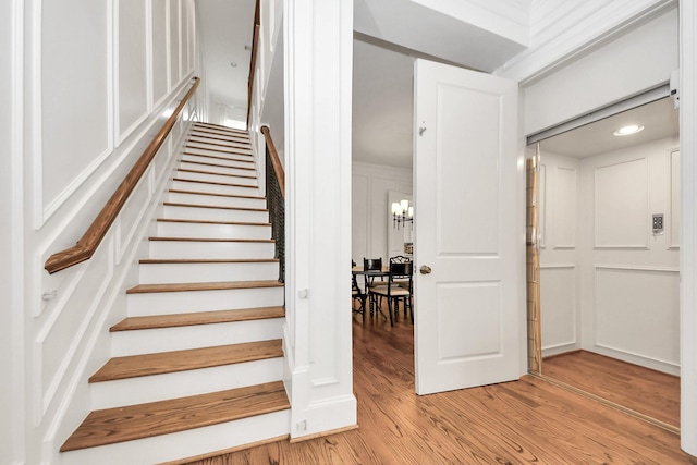 stairs with hardwood / wood-style flooring