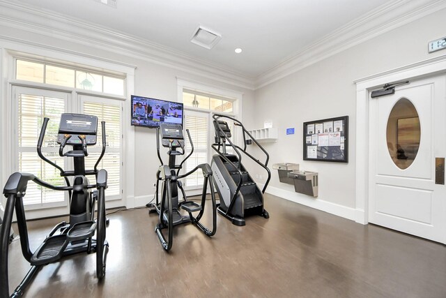 workout area with crown molding, plenty of natural light, and dark hardwood / wood-style floors