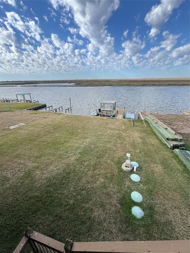 view of dock featuring a water view and a lawn