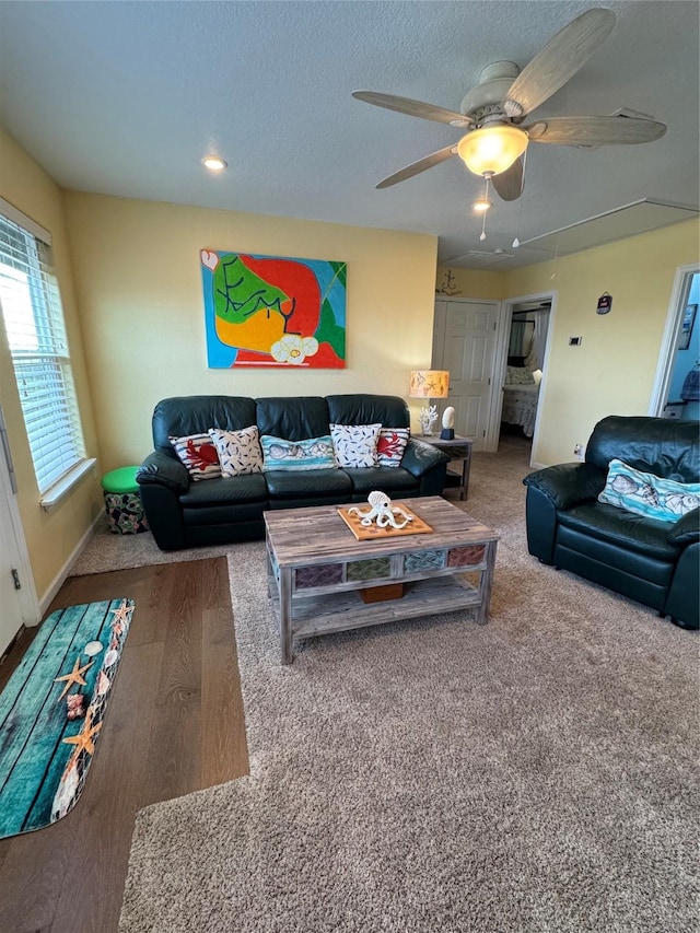 living room featuring ceiling fan, carpet, and a textured ceiling