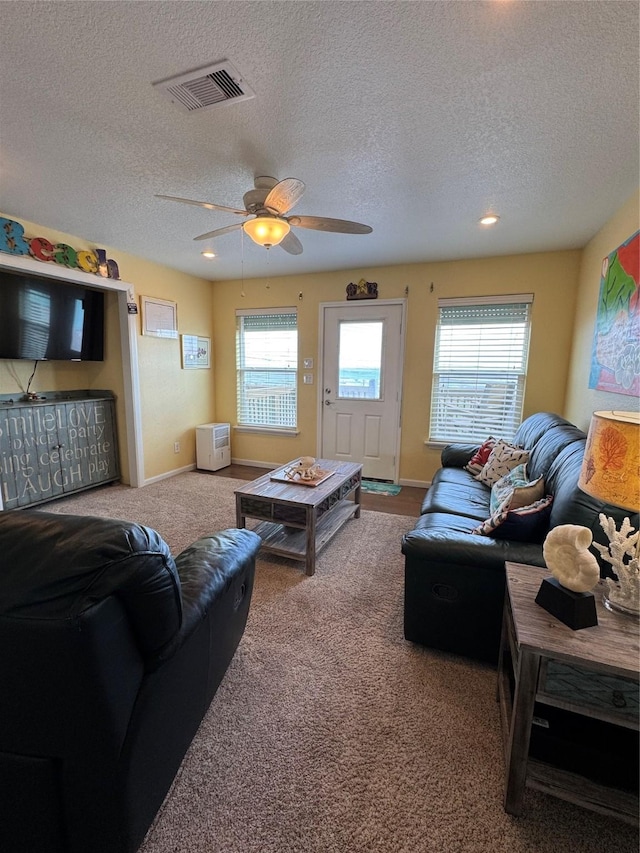 carpeted living room with ceiling fan, a healthy amount of sunlight, and a textured ceiling