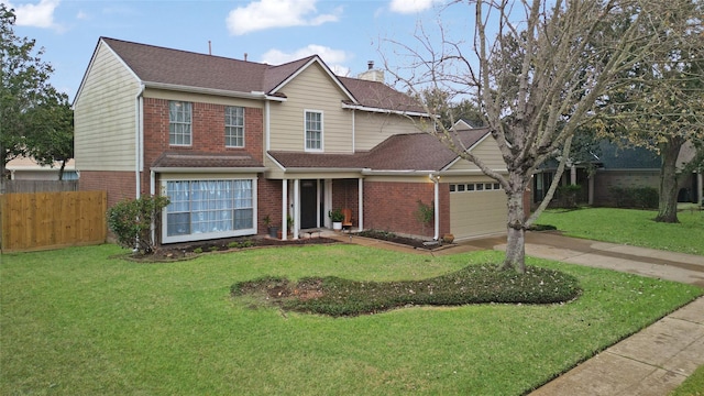 traditional home featuring brick siding, a front lawn, fence, concrete driveway, and a garage