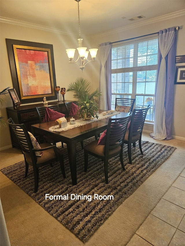 tiled dining space featuring an inviting chandelier and crown molding