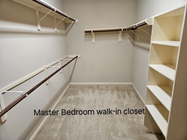 walk in closet featuring light carpet