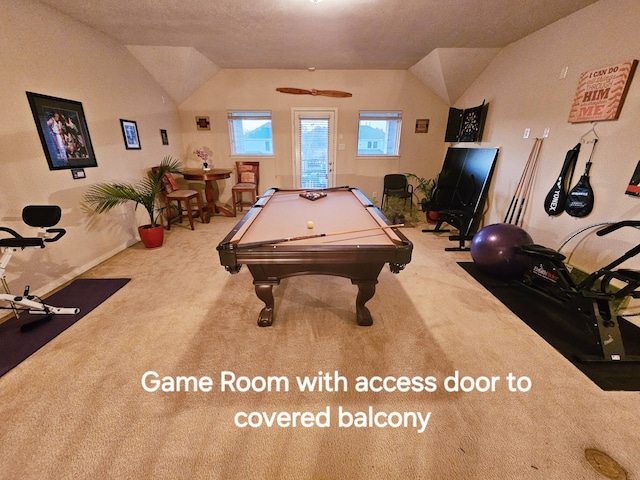 recreation room featuring pool table, vaulted ceiling, and carpet