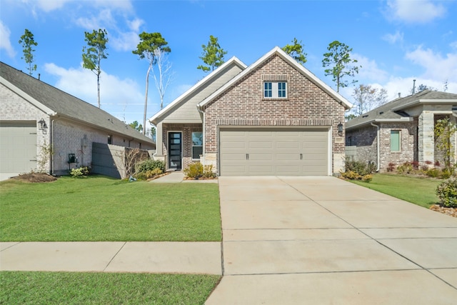 view of front of property featuring fence, driveway, an attached garage, a front lawn, and brick siding