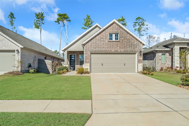 15527 Sunset Maple Ct, Conroe, TX 77302 - view of front facade with brick siding, an attached garage, a front yard, and concrete driveway