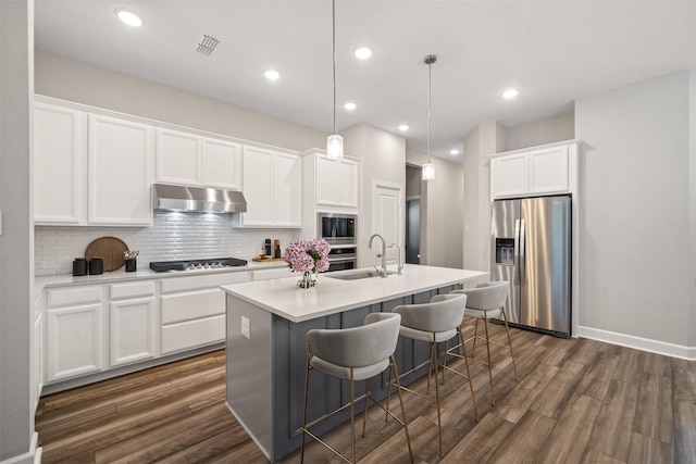15527 Sunset Maple Ct, Conroe, TX 77302 - kitchen with appliances with stainless steel finishes, under cabinet range hood, dark wood-style floors, white cabinetry, and recessed lighting