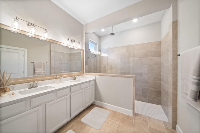 15527 Sunset Maple Ct, Conroe, TX 77302 - full bathroom with double vanity, a walk in shower, and tile patterned flooring
