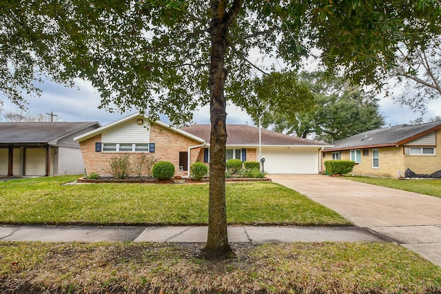 ranch-style home featuring driveway, an attached garage, a front lawn, and brick siding