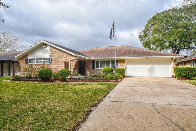 ranch-style house with driveway, brick siding, a garage, and a front yard