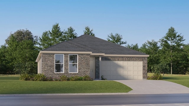 single story home with a garage and a front lawn