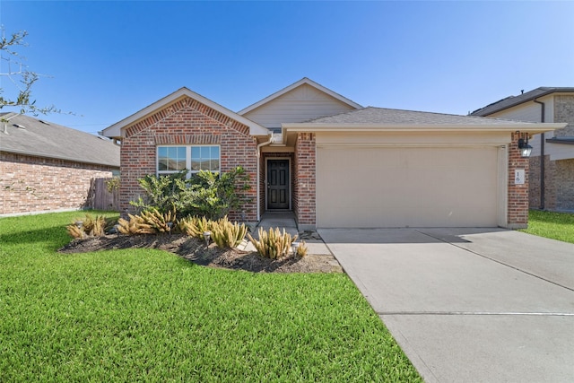 single story home featuring a garage and a front yard