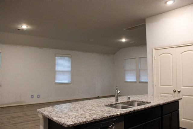 kitchen with lofted ceiling, sink, light stone counters, dark hardwood / wood-style flooring, and an island with sink