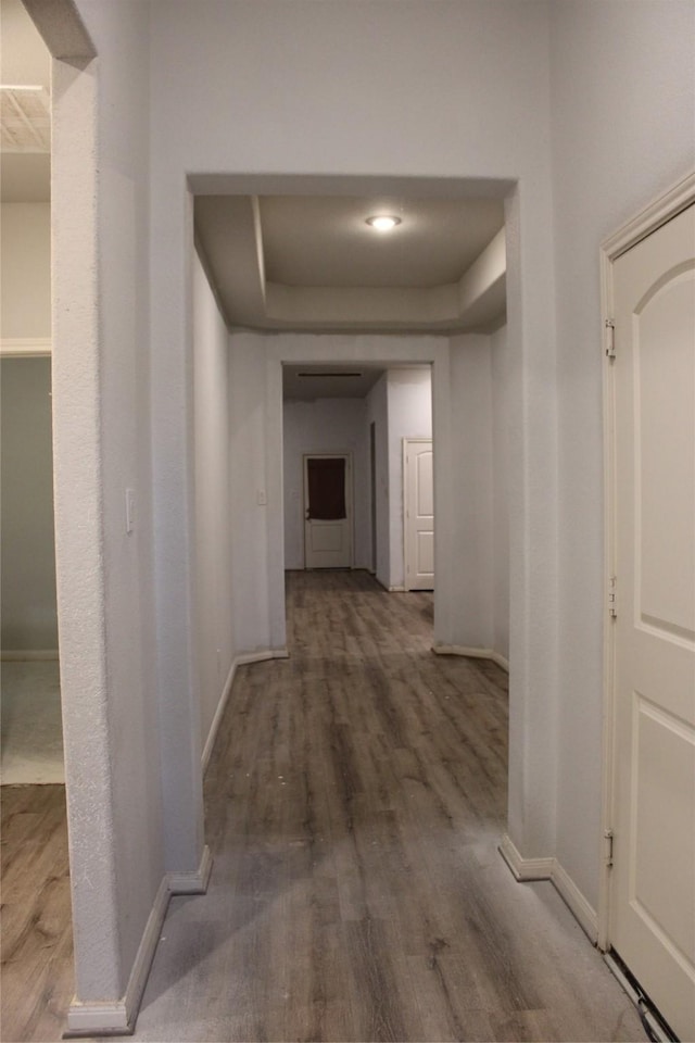 hall with hardwood / wood-style floors and a tray ceiling