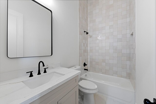 full bathroom with shower / tub combination, vanity, toilet, and tile patterned flooring