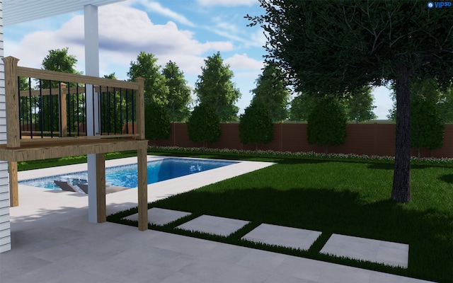 view of pool with a fenced in pool, a fenced backyard, a lawn, and a patio