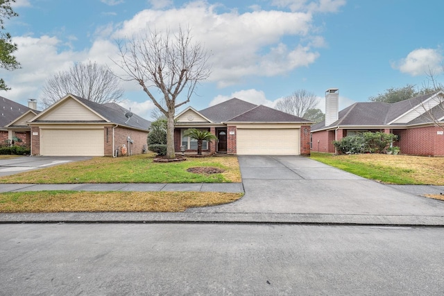 ranch-style house featuring a garage and a front lawn