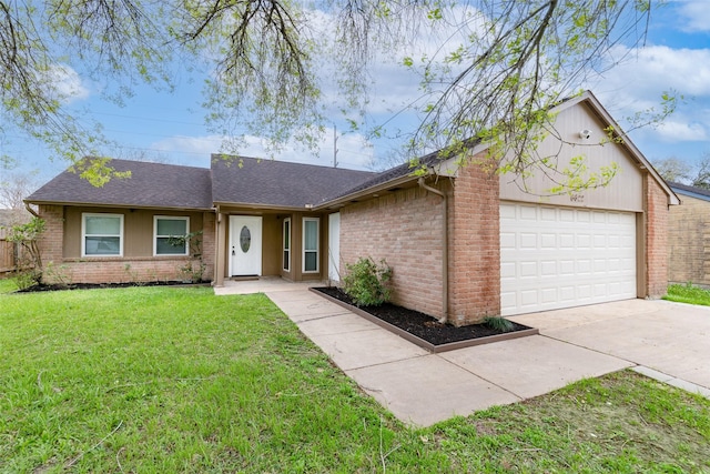 ranch-style house featuring brick siding, an attached garage, a front yard, roof with shingles, and driveway