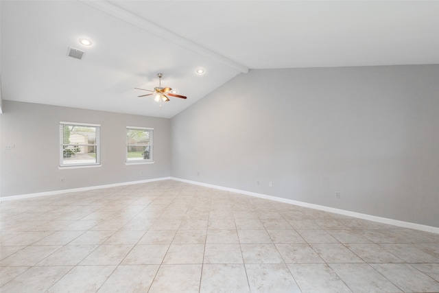 unfurnished room with baseboards, visible vents, lofted ceiling with beams, recessed lighting, and ceiling fan