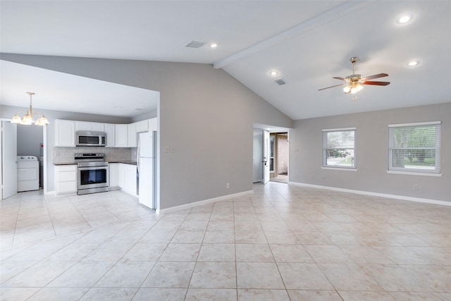 unfurnished living room with baseboards, visible vents, washer / clothes dryer, vaulted ceiling with beams, and ceiling fan with notable chandelier