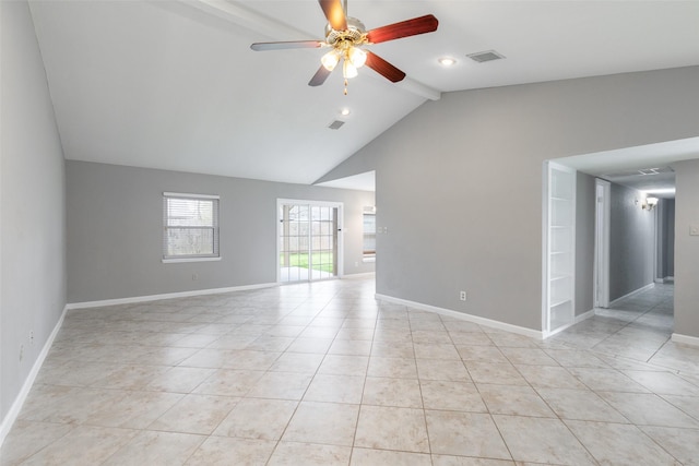 unfurnished room with visible vents, a ceiling fan, lofted ceiling with beams, light tile patterned floors, and baseboards