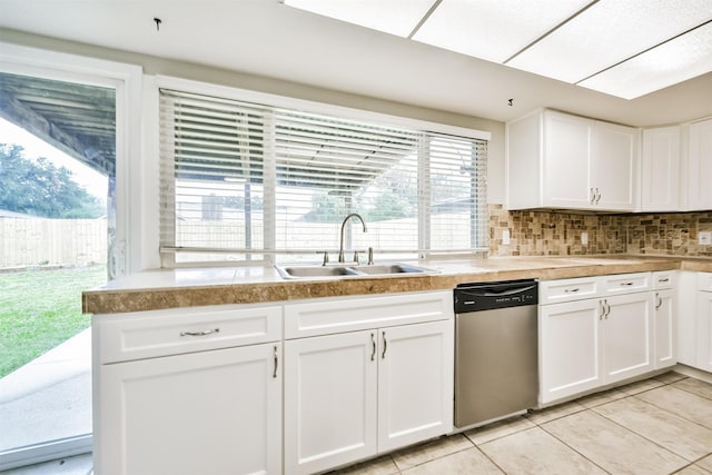 kitchen featuring sink, stainless steel dishwasher, and white cabinets