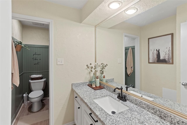 bathroom with vanity, wood-type flooring, and toilet