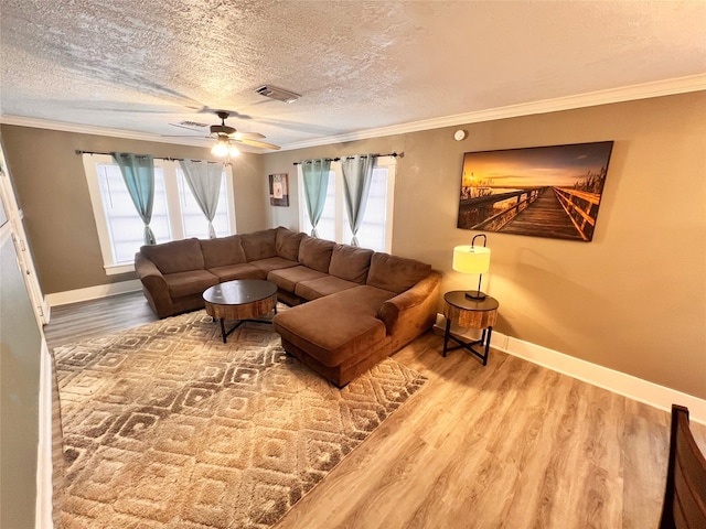 living room featuring plenty of natural light, hardwood / wood-style floors, and a textured ceiling