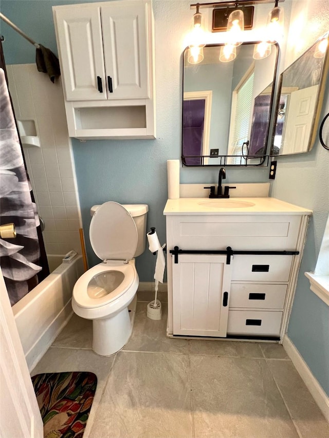 full bathroom with tile patterned flooring, vanity, toilet, and shower / bath combo with shower curtain