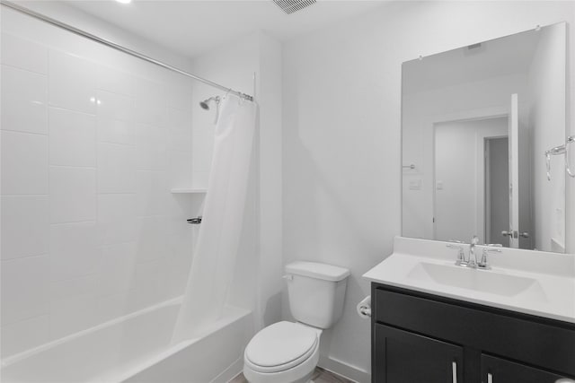 full bathroom with vanity, shower / bathtub combination with curtain, and toilet