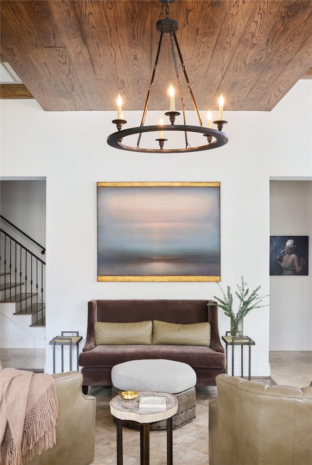 living room with wooden ceiling