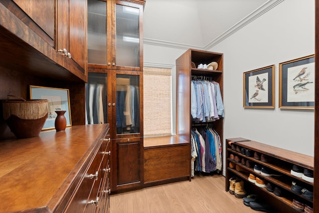 walk in closet with light hardwood / wood-style flooring