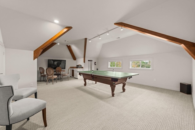 recreation room with vaulted ceiling with beams, light carpet, and pool table