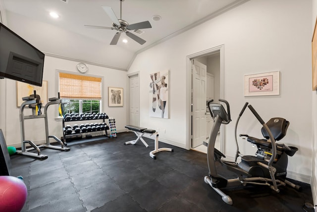 exercise room with ceiling fan, ornamental molding, and vaulted ceiling