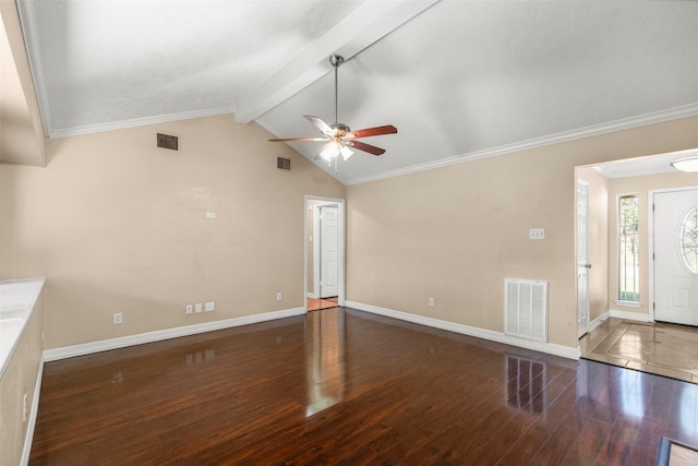 unfurnished living room with crown molding, dark wood-type flooring, vaulted ceiling with beams, and ceiling fan