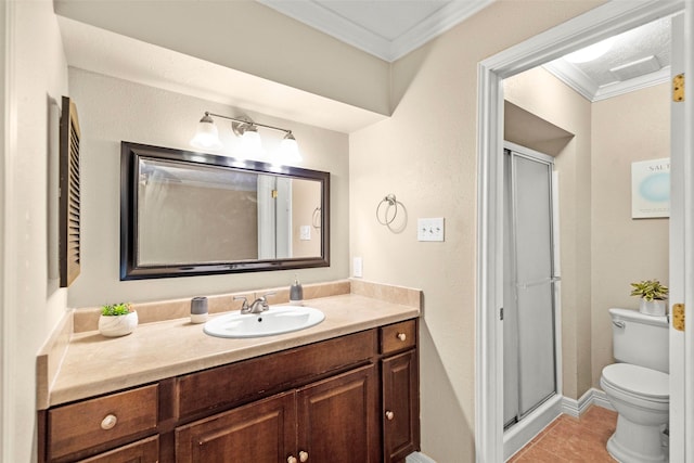 bathroom with a shower with shower door, tile patterned flooring, ornamental molding, vanity, and toilet