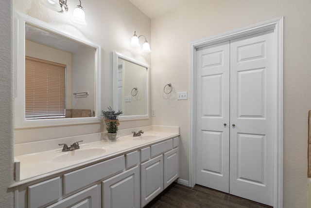 bathroom with hardwood / wood-style flooring and vanity