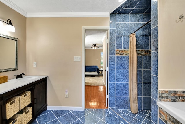 bathroom featuring tile patterned flooring, ornamental molding, vanity, and walk in shower